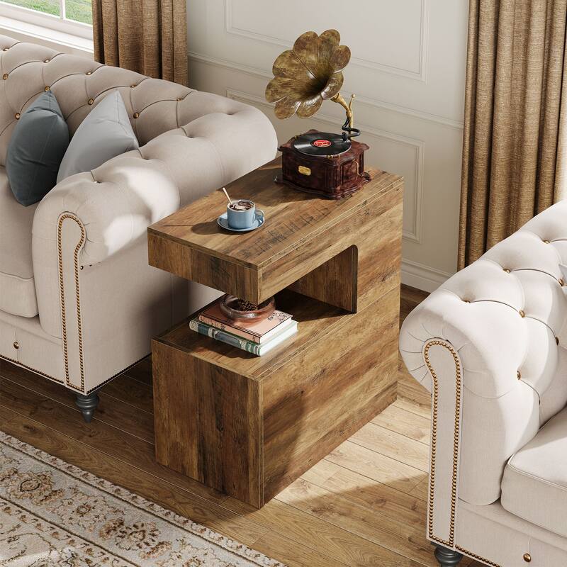 2-Tier C-Shaped End Table Couch Side Table for Sofa, Living Room