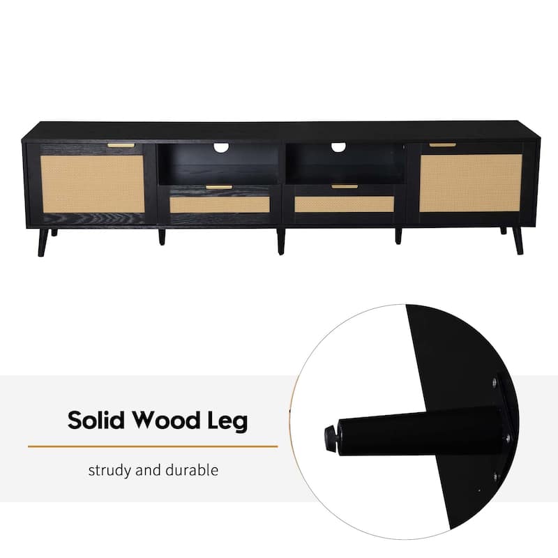 Rattan TV Stand for TVs up to 85'', Modern Farmhouse Media Console, Entertainment Center with Solid Wood Legs