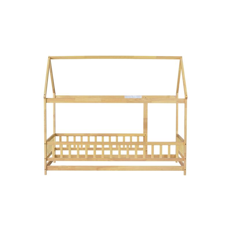 Twin Size Natural Wooden House Floor Bed with Roof Frame and Safety Guardrails