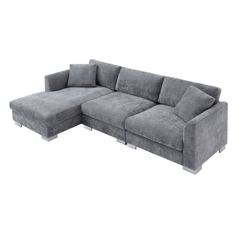 L-Shaped Sectional Sofa with Chaise Lounge, Oversized Chenille Upholstered Sofa, 4 Seater Sofa with 2 Throw Pillows