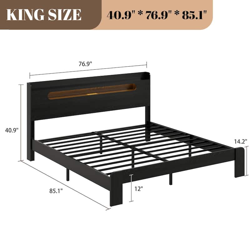 Wood Bed, Low Profile Platform Bed Frame with Storage Headboard Built-in LED Light and Charging Station