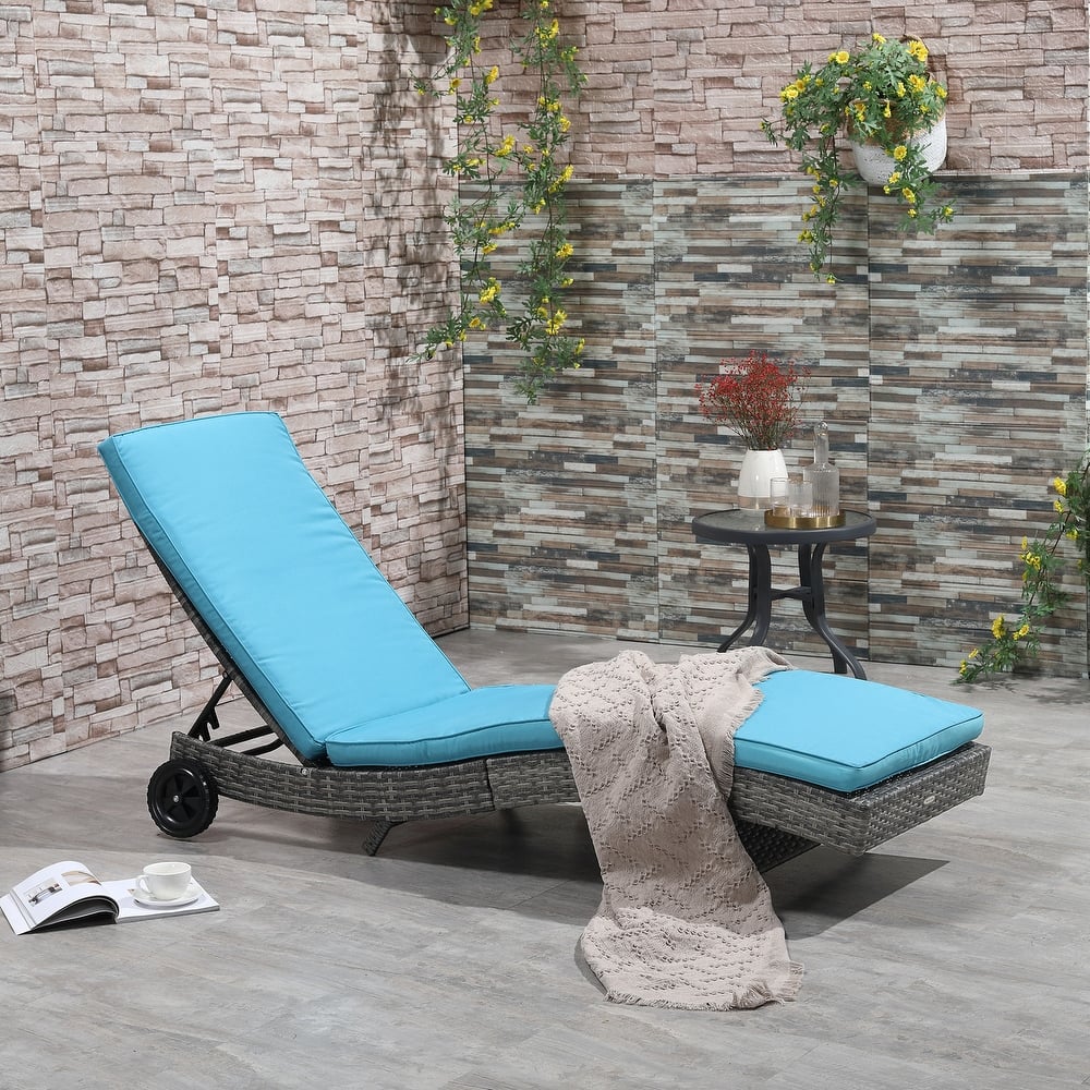 Outsunny Outdoor PE Rattan Patio Chaise Lounge Chair with 5 Backrest Angles & 2 Wheels for Easy Movement, Grey