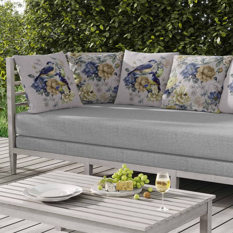 Petal Perched Birds Indoor/Outdoor Reversible Throw Pillow Silver and Blue