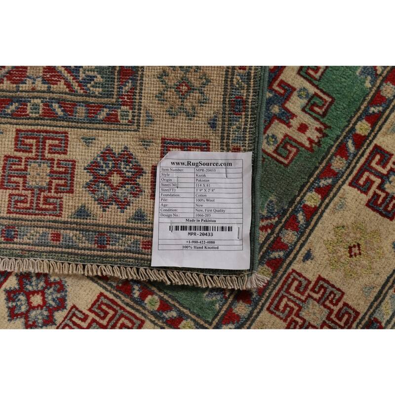Green Kazak Foyer Rug Handmade Geometric Wool Carpet - 2'8"x 3'9"