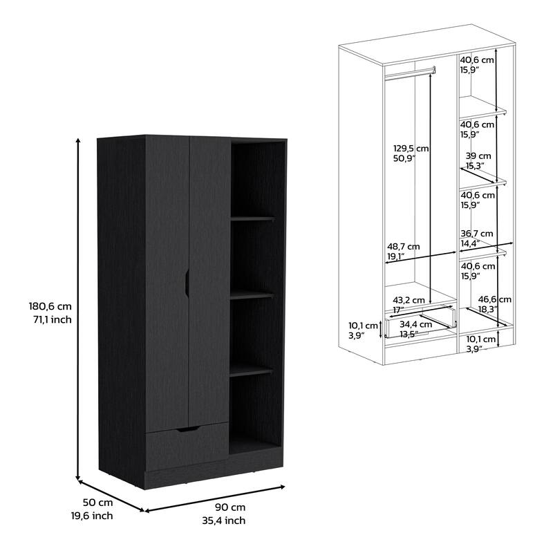 19.68" Modern Double-door Armoire with Drawer and 4-Tier Open Shelves for Bedroom