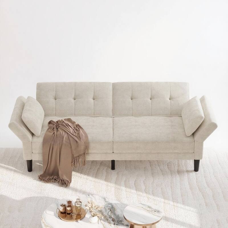 89" Futon Sofa Bed, with Adjustable Backrest & Armrest - Beige