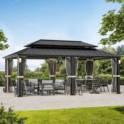 Permanent Hardtop Gazebo 12' x 20' wiith 4 LED Lights, Outdoor Grill Gazebo with Galvanized Steel Double Roof, Black