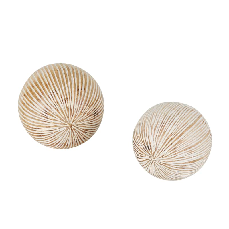 Cream Mango Wood Handmade Decorative Ball Orbs & Vase Filler with Carved Lines or Tribal Patterns (Set of 2)