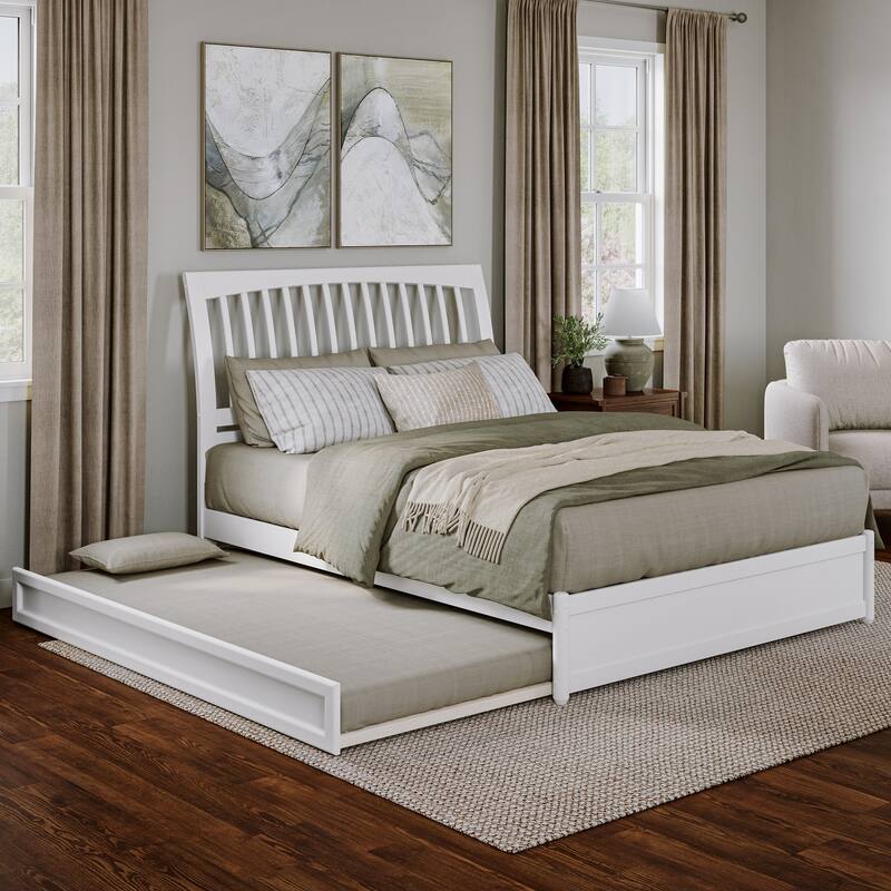Roslyn Platform Bed with Modern Panel Footboard and Twin XL Trundle - White - Queen