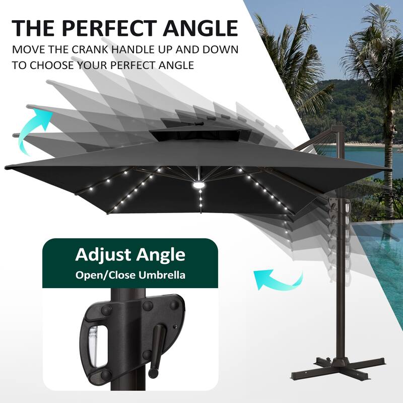 10 X 13 FT Outdoor Patio Cantilever Umbrella with Solar Lights 4-Piece Premium Base Double Canopy 360 Rotation Tilt