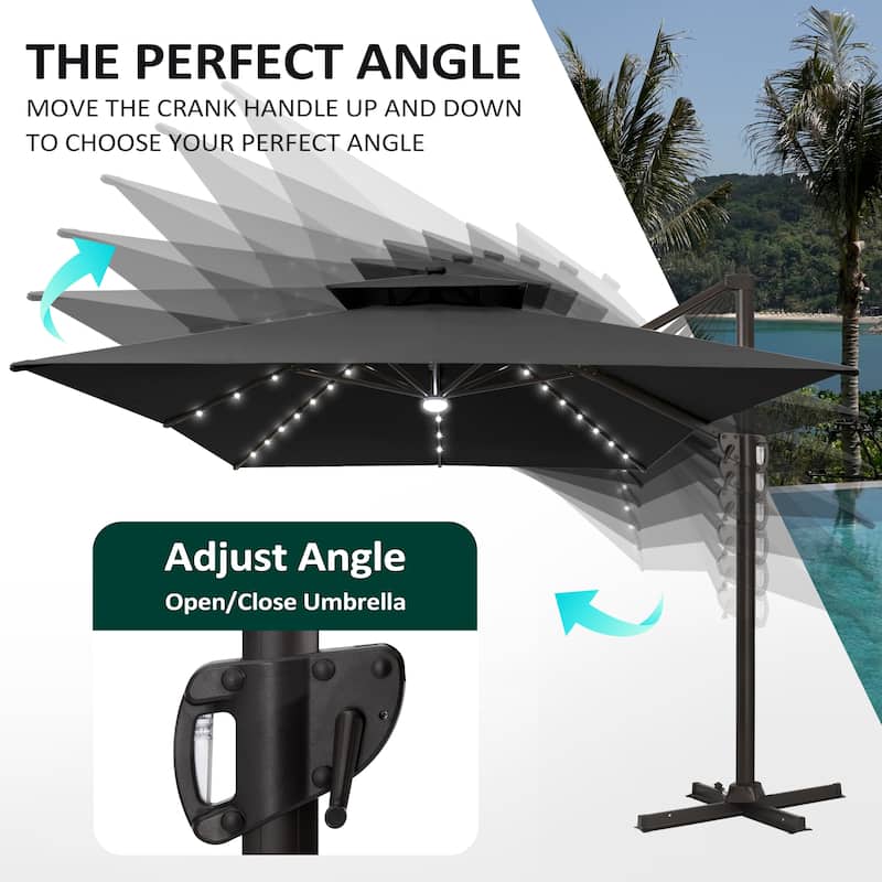 Pellebant 10x13 FT Outdoor Patio Double Top Cantilever Umbrella Solar LED Lighted with 4 Piece Square Offset Umbrella Base