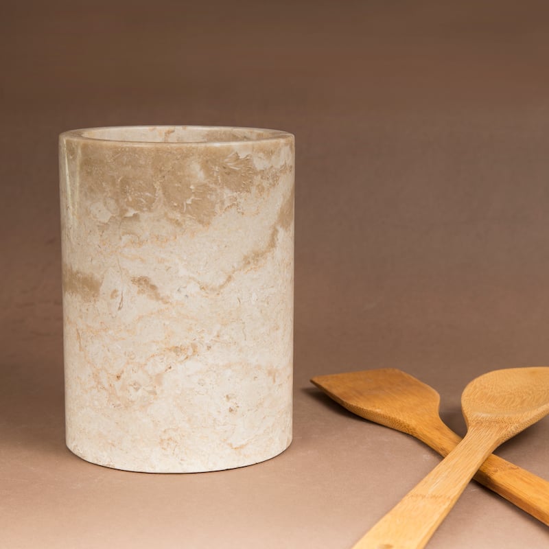 Creative Home Natural Champagne Marble Multi-Functional Tool Crock, Utensil Holder, Counter Top Organizer, 5" Diam. x 7" H