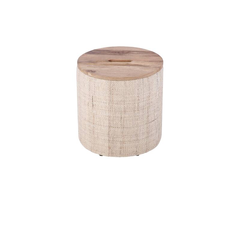 Handwoven Storage Ottoman with Rounded Wooden Top Lid - Solid Wood Frame, Hidden Storage Compartment