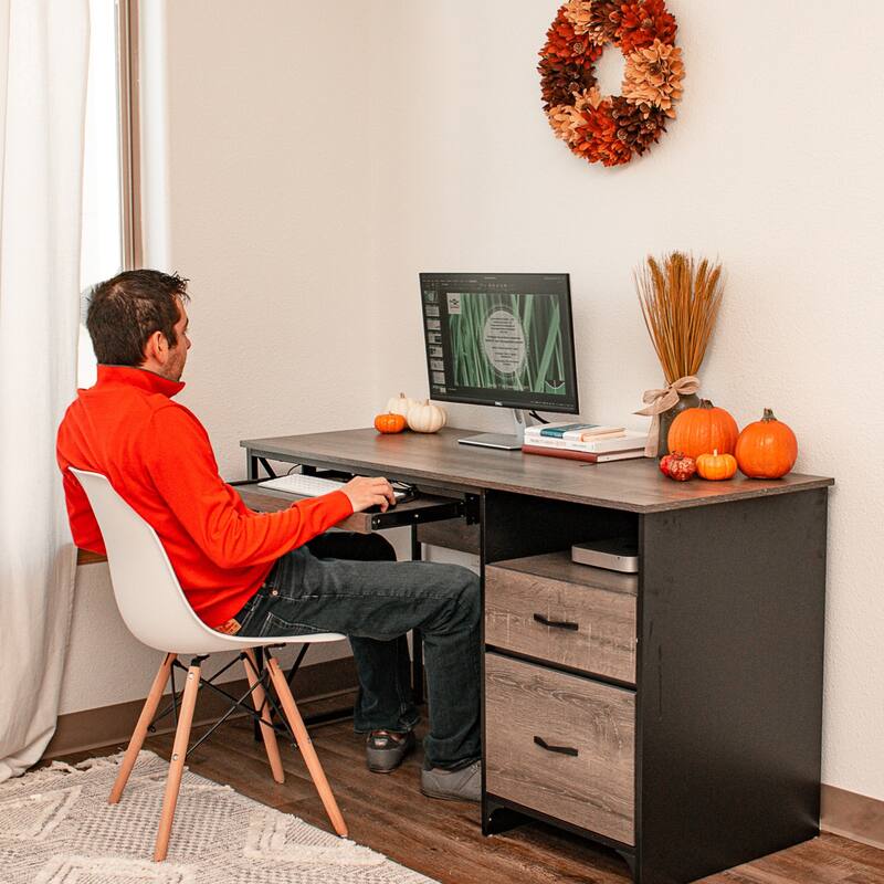 55 inch Computer Desk with Keyboard Tray and Storage Drawers