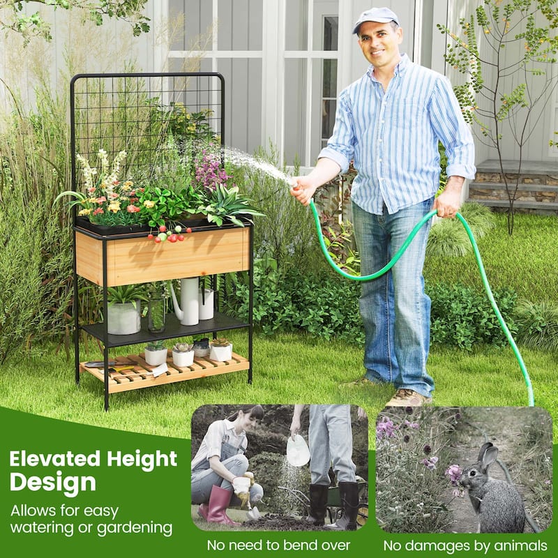 Costway 59" Raised Wooden Garden Bed with Metal Trellis Open Storage - See Details
