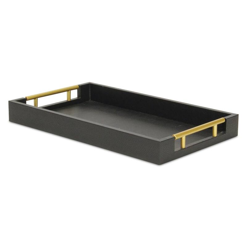 HomeRoots 16" Black Wood Faux Shagreen Serving Tray With Handles - 15.75 in. x 1.75 in. x 9.50 in.