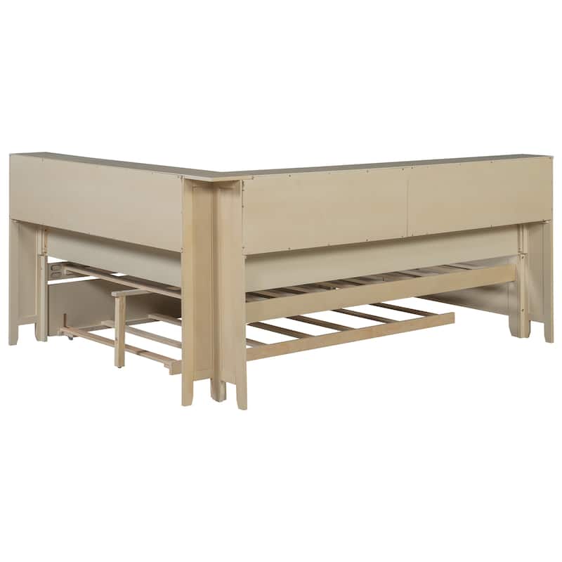 Full Size L Shaped Daybed with Twin Trundle, Wood Sofa Bed Frame with Storage Shelves and Slats Support, No Box Spring Needed