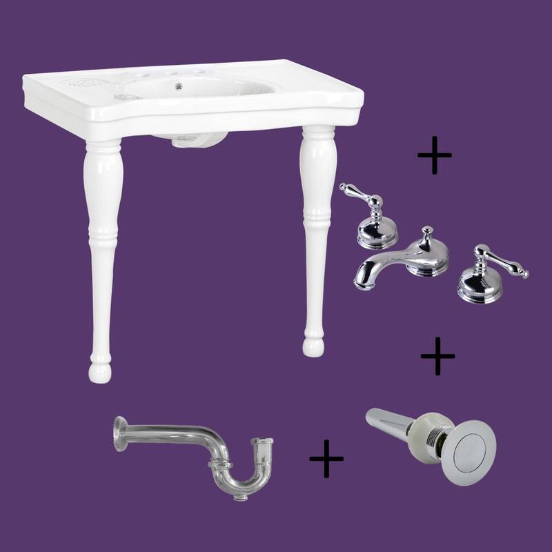 White Porcelain Console Sink with Hardwood Leg, 8 Faucet and P Trap
