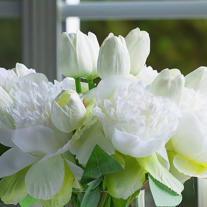 Enova Home Mixed Artificial Real Touch Tulip and Peony Fake Flowers Arrangement in Cylinder Glass Vase for Home Decór