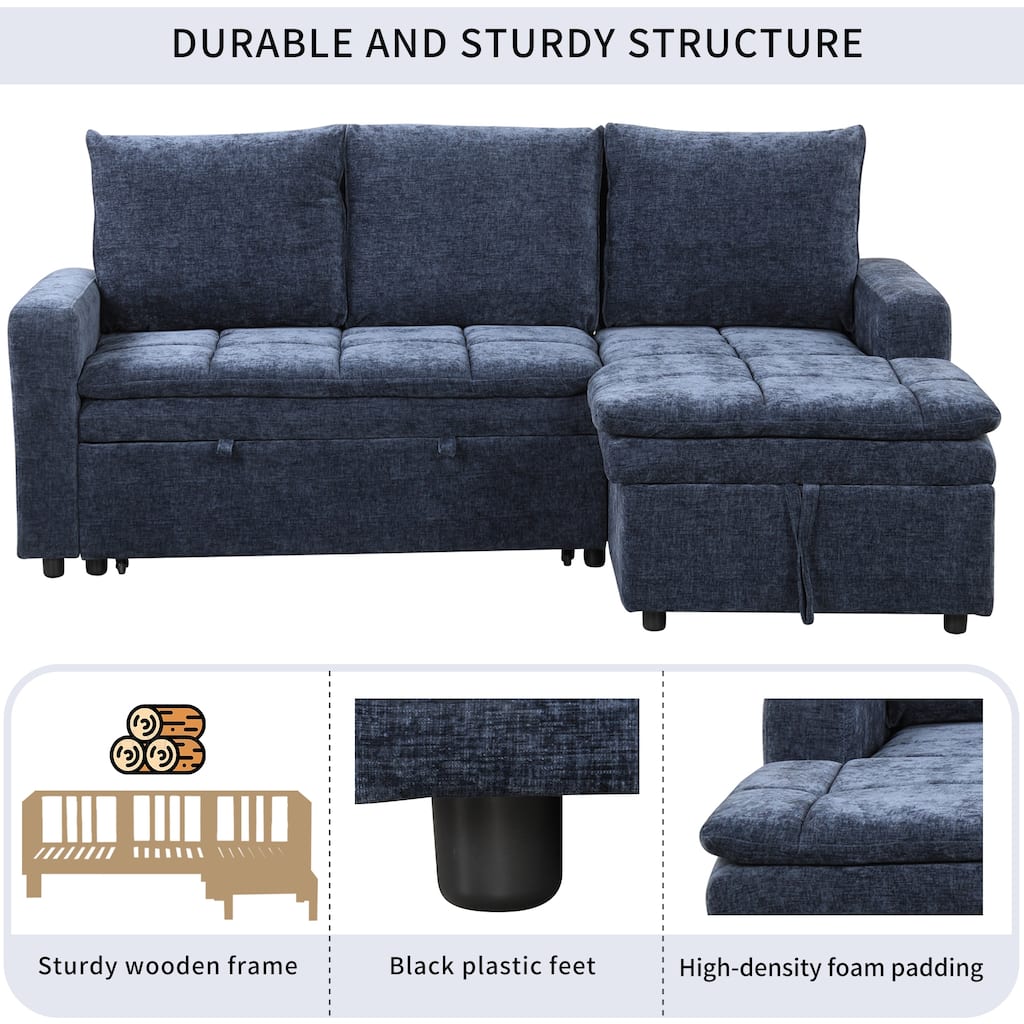 L-shaped Sectional Sofa with Storage Chaise, Free Conversion Sleeper Sofa Bed for Livingroom 3-Seater Polyester Sofa Bed