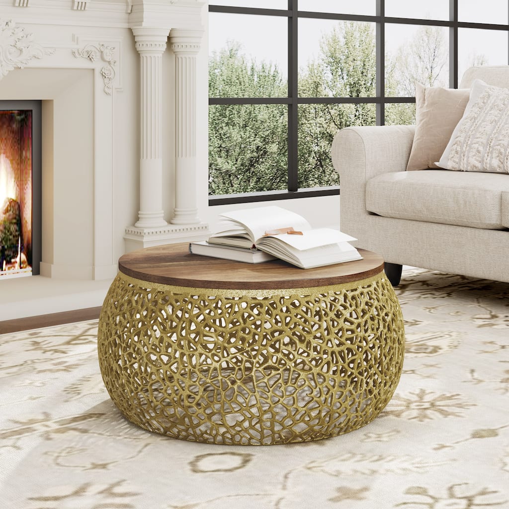 Roomfitters Round Coffee Table with Mango Wood Top, Metal Accent Base, Living Room Center Table, Gold