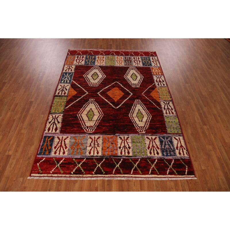 Red Geometric Moroccan Area Rug Hand-Knotted Wool Carpet - 6'10" x 9'9"