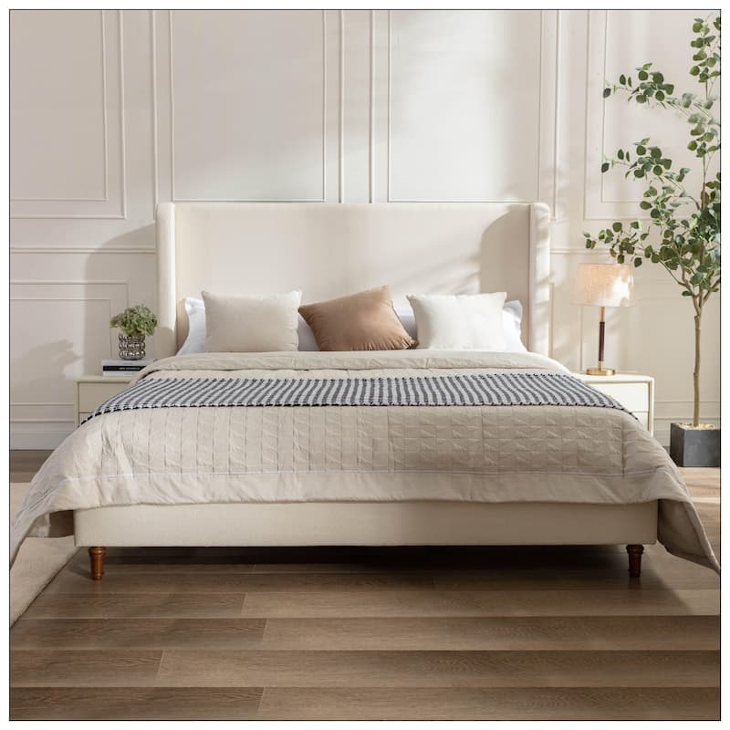 54" High Wingback Headboard Upholstered Bed For Bedroom - Ivory Boucle - King