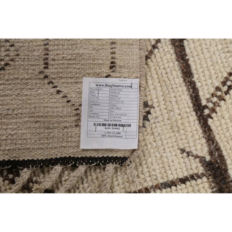 Geometric Ivory Moroccan Oriental Runner Rug Hand-Knotted Wool Carpet - 3'10"x 12'7"