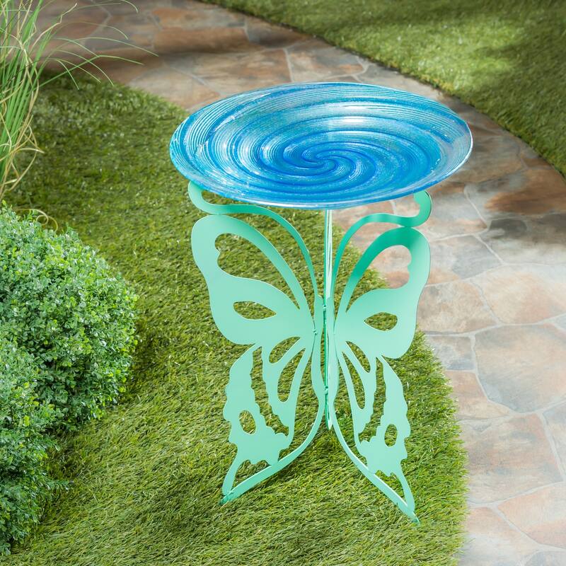 25 in. Laser Cut Bird Bath Stand with Glass Embossed Bird Bath Set, Butterfly