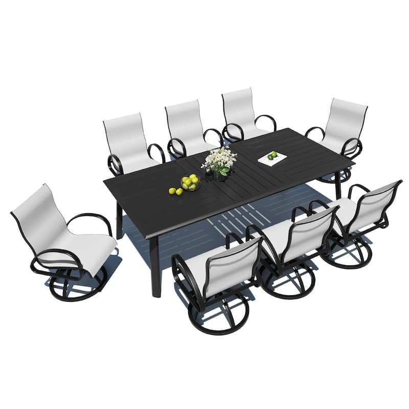 7/9/11-Piece Outdoor All-Weather Aluminum Patio Dining Set Sunbrella Swivel Chair and Dining Table with Umbrella Hole - Augustine Oyster - Set of 9