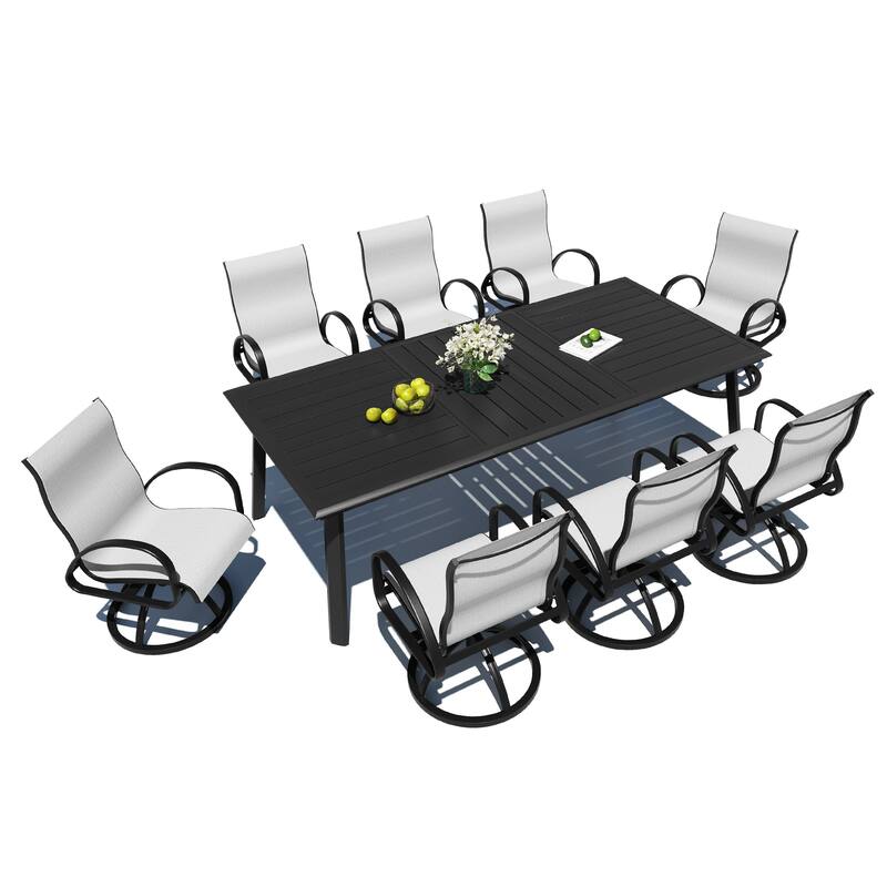 7/9-Piece Patio Dining Set Sunbrella Swivel Chairs and Aluminum Dining Table with Umbrella Hole - Augustine Oyster - Set of 9