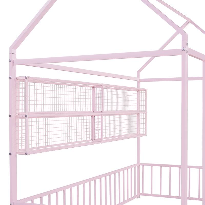 Full Size Metal House Bed Frame with Built-In Grid Shelves, Playful Canopy Design and Space-Saving Storage