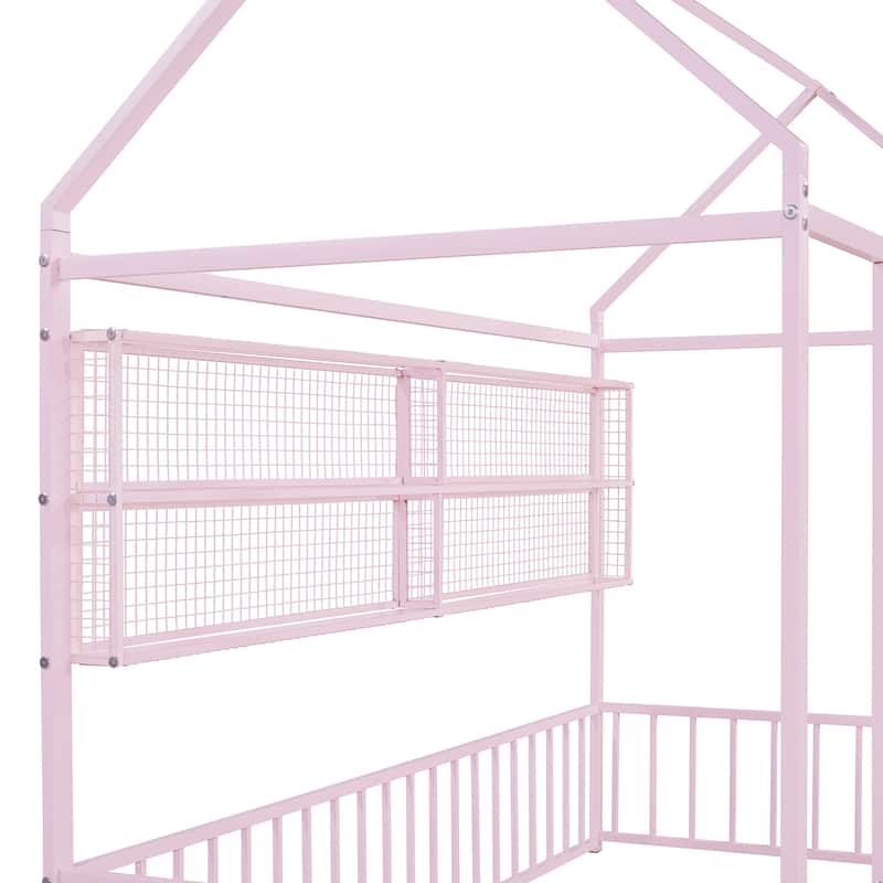 Twin Size Metal House Platform Bed Frame with Storage Shelves,Fence and Shelves