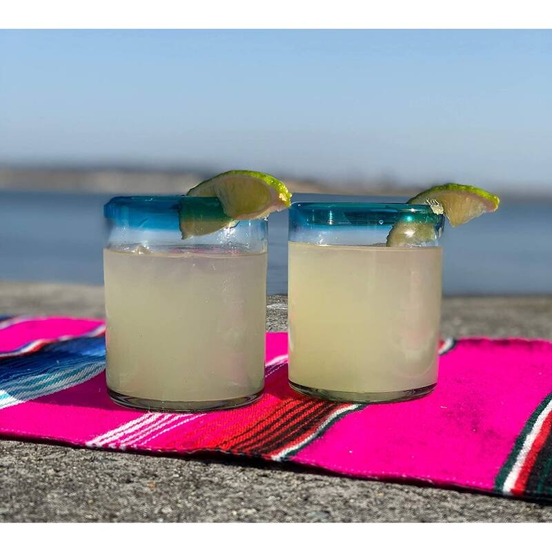 Dos Sueños Hand Blown Mexican Drinking Glasses - Set of 6 Tumbler Glasses with Aqua Blue Rims (10 oz each)