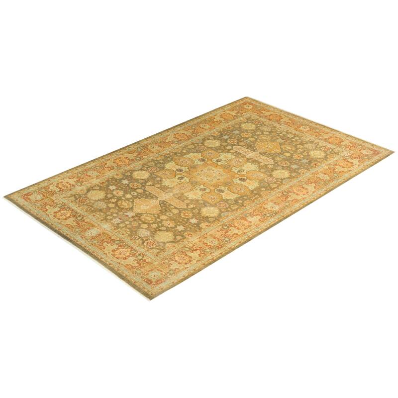 Overton Hand Knotted Wool Vintage Inspired Traditional Mogul Green Area Rug - 6' 2" x 9' 9"