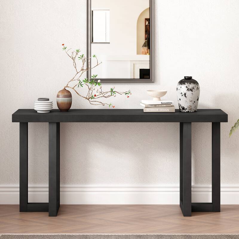 63 Inch Geometric Design MDF Console Table with Solid Pine Legs for Entryway