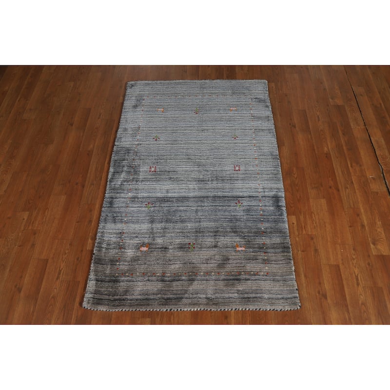 Navy Blue/ Gray Gabbeh Oriental Foyer Rug Hand-Knotted Wool Carpet - 3'0"x 4'10"