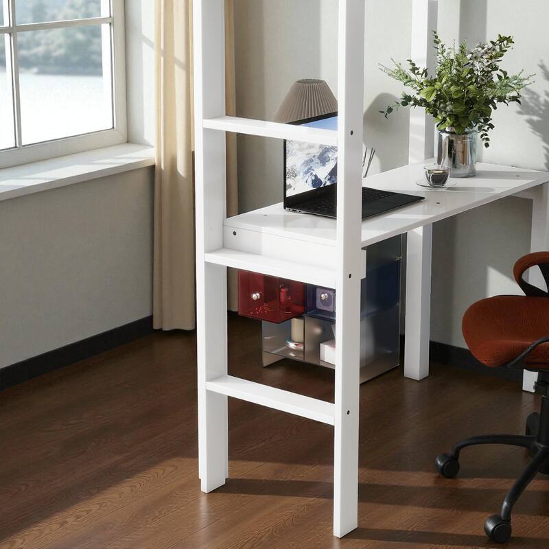 Twin Size Wooden High Loft Bed with Built-in Desk and Ladder, Solid Rubber Wood Loft Bed with Safety Guardrails
