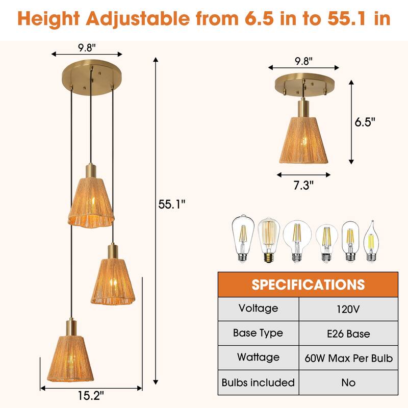 15" W Brass 3-Light Kitchen Island Pendant Light with Paper Rope Shades