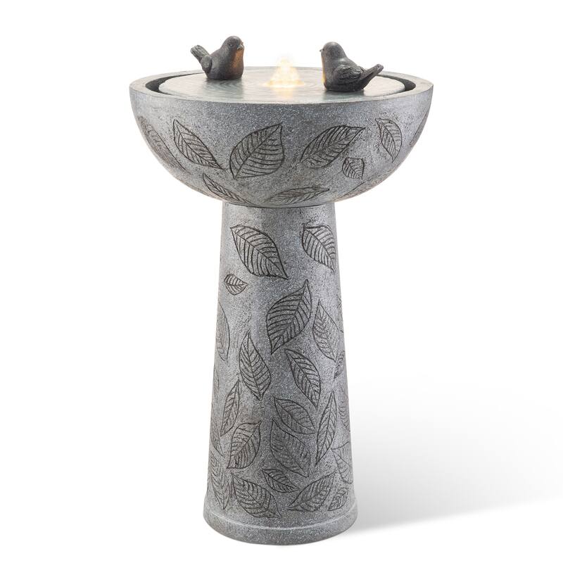 Glitzhome Birdbath Polyresin Outdoor Fountain with Birds, Pump and LED Light