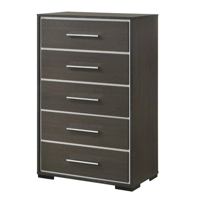 Hez Tall Dresser Chest, 5 Drawers, Silver Trim, Modern Dark Brown Finish