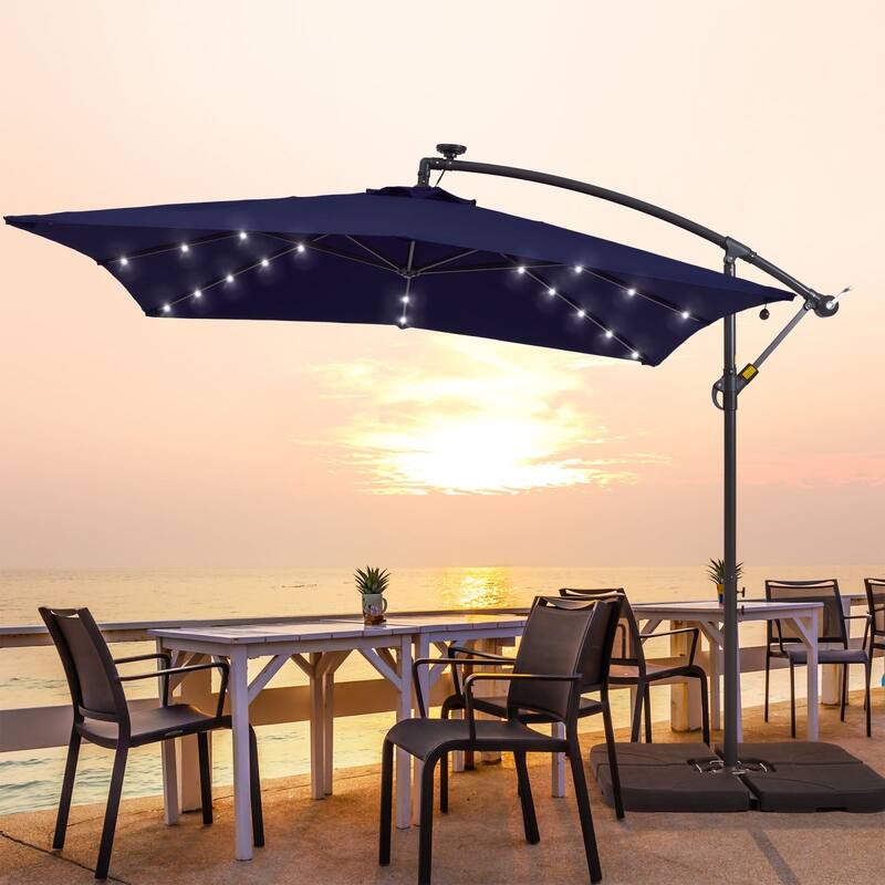 BONOSUKI 8.2Ft Solar Powered Cantilever Patio Umbrella With Base - Navy Blue