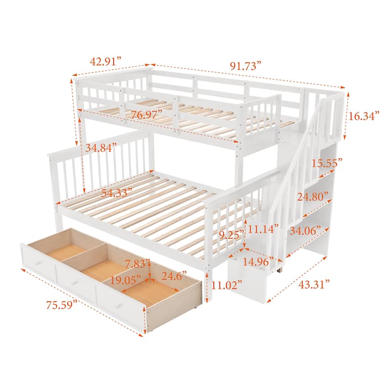 White Twin-Over-Full Solid Pine Bunk Bed with Storage and Ladder