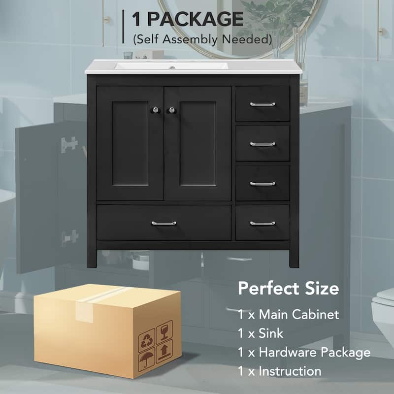 Bathroom Vanity with Sink Combo, Bathroom Cabinet with 2 Soft Close Doors, Solid Wood Vanity Set with 5 Drawers