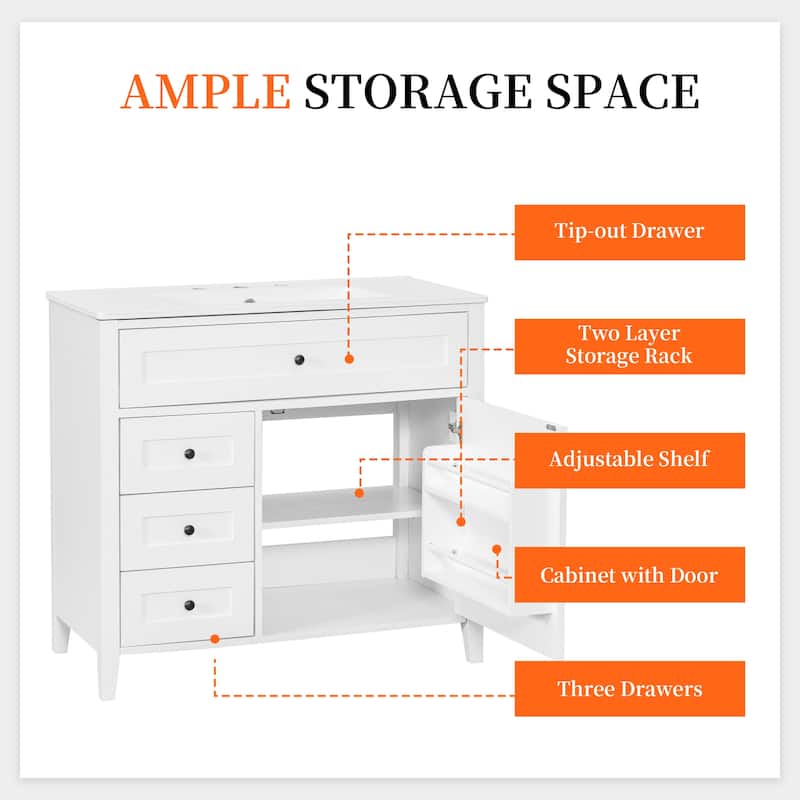 36-Inch Bathroom Vanity with Sink, MDF and Solid Wood Cabinet, 3 Drawers and Adjustable Shelf, Freestanding Design