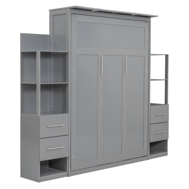 Murphy Bed Wall Bed with Shelves, Drawers and LED Lights (Full Size And Queen Size)