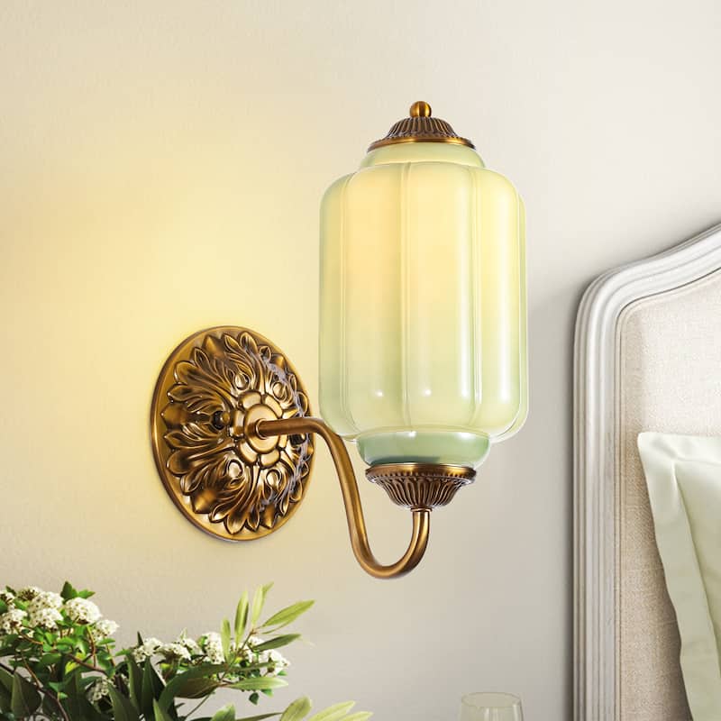 1-Light Vintage Aged Antique Brass Finish Lantern Shaped Wall Light with Milk/Green Glass for Bedroom, Hallways - Green/Gold