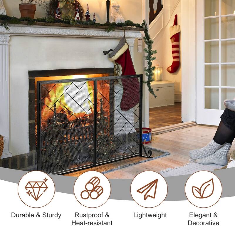 3-Panel Folding Wrought Iron Fireplace Screen with Doors and 4 Pieces Tools Set - 44.5" x 16" x 33.5" (L x W x H)