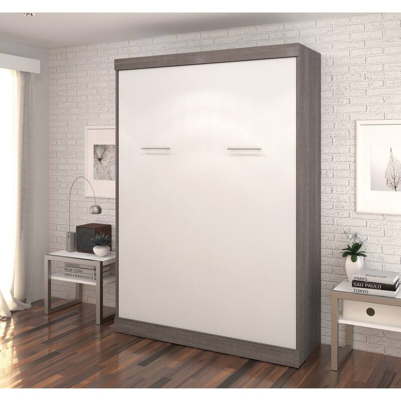 Bestar Nebula Full Murphy Bed with Storage, Wall Bed for Guest Room - Bark Grey and White