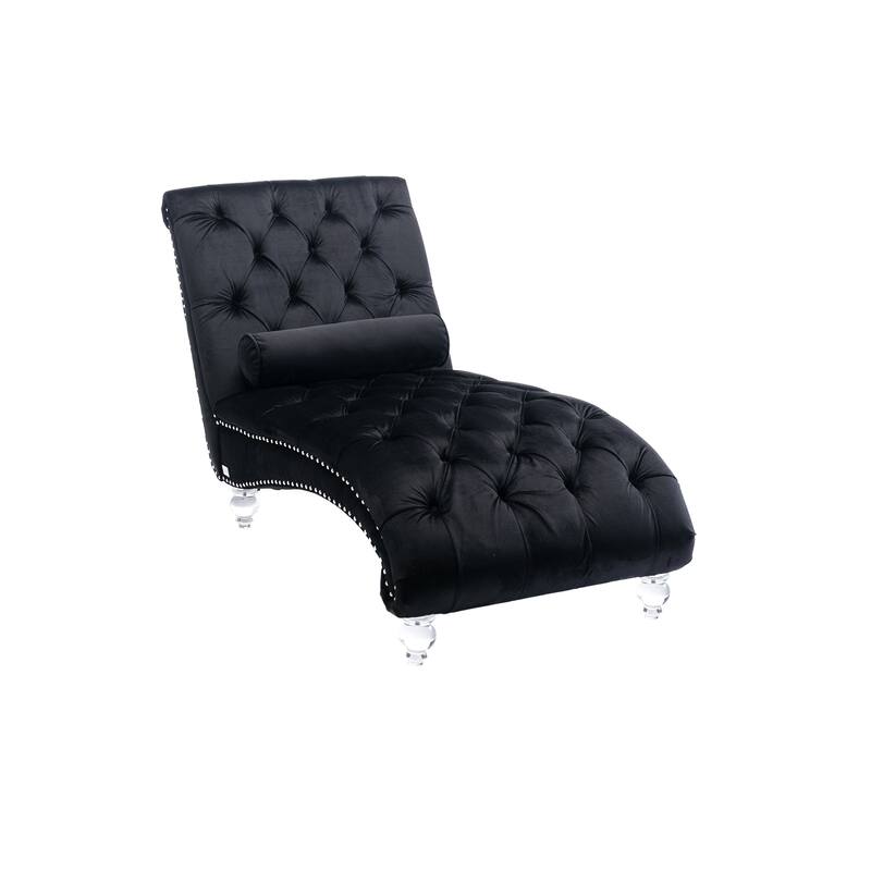 Black 63.98" Buttons Tufted Chaise Lounge Chair with Pillow
